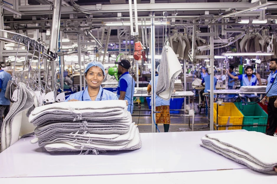 Tým inženýrů analyzující výrobní linku v moderní továrně.